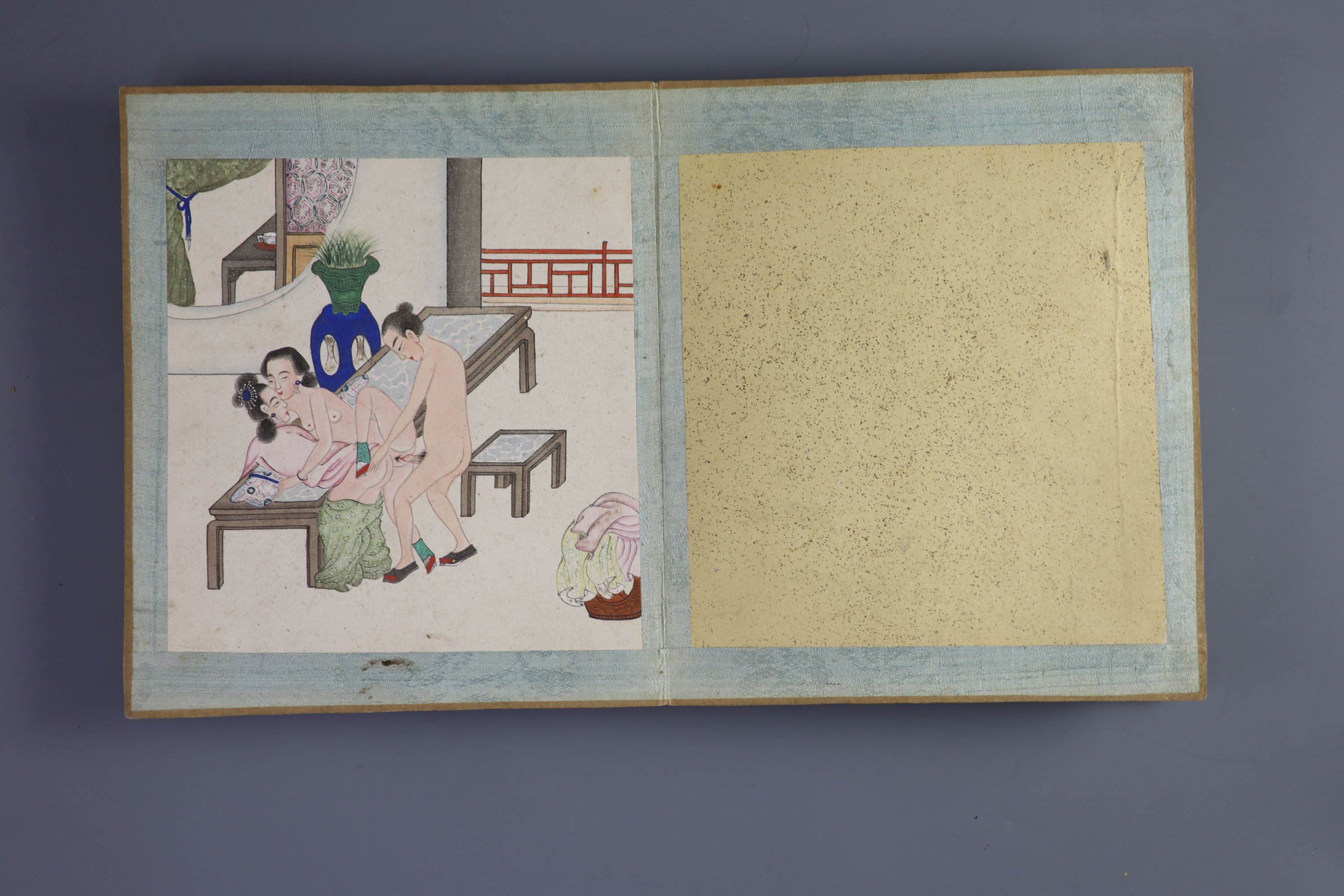 A Chinese album of twelve erotic paintings, late 19th century Total dimensions 19.3 cm x 16.4 cm